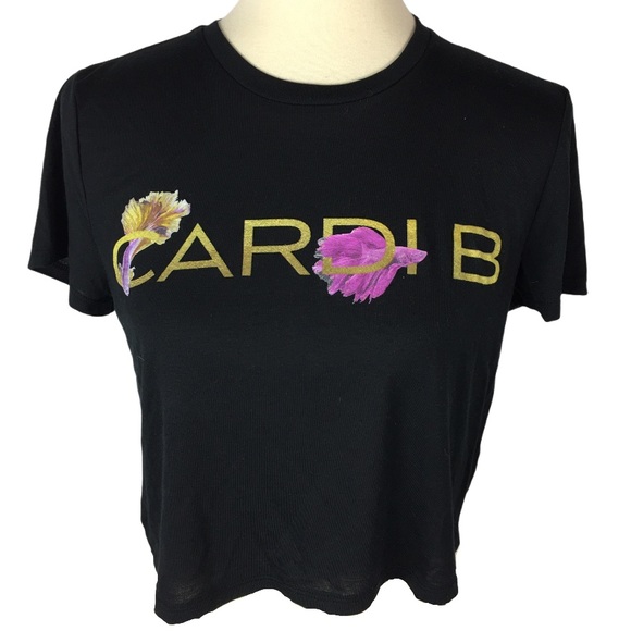 Cardi B Tops - Cardi B Fish & Golden Letter Black Crop Top
